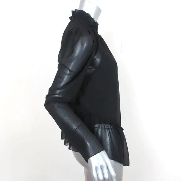 See by Chloe Ruffled High Neck Blouse Black Chiffon Size 38 Long Sleeve Top NEW - Picture 3 of 7